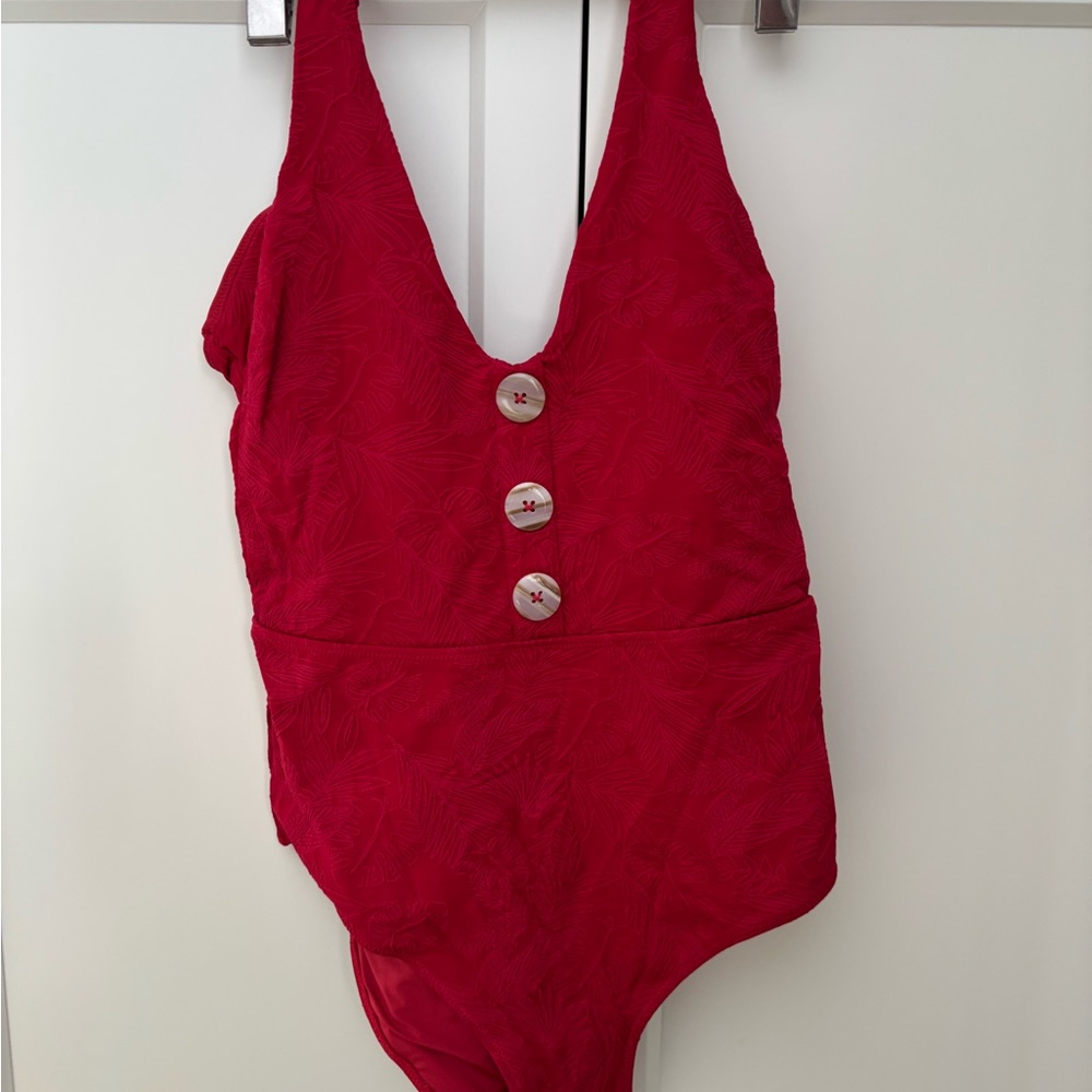 Everyday Sunday Red Textured One-Piece Swimsuit | Size 8 | Button Detail - Picture 7 of 8